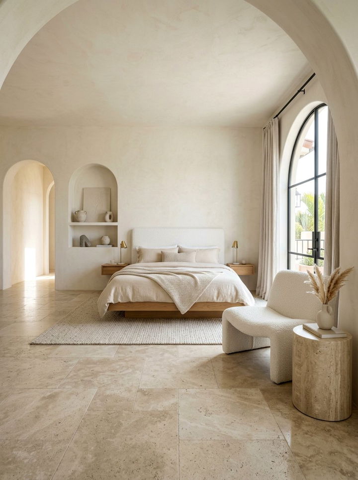 Travertine and Boucle Bedroom - 30 mixed material bedroom ideas