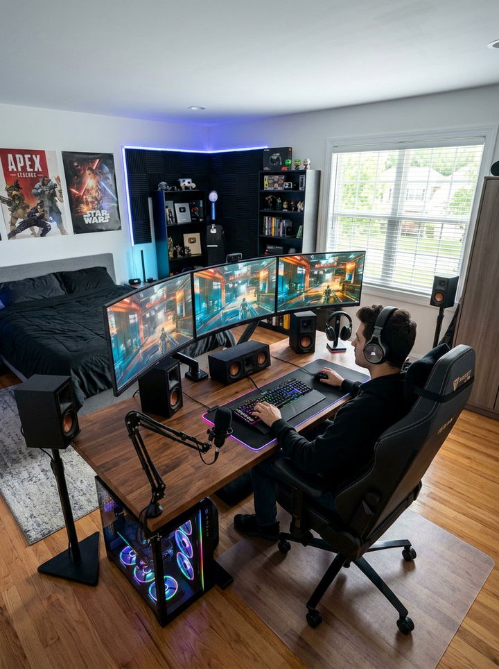 Triple Monitor Gaming Bedroom - 30 gaming bedroom ideas