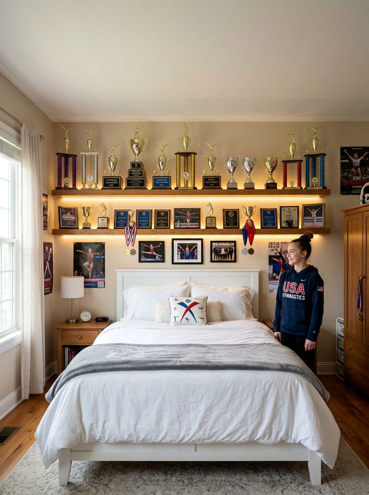 Trophy shelf for gymnasts - 30 gymnastics bedroom ideas