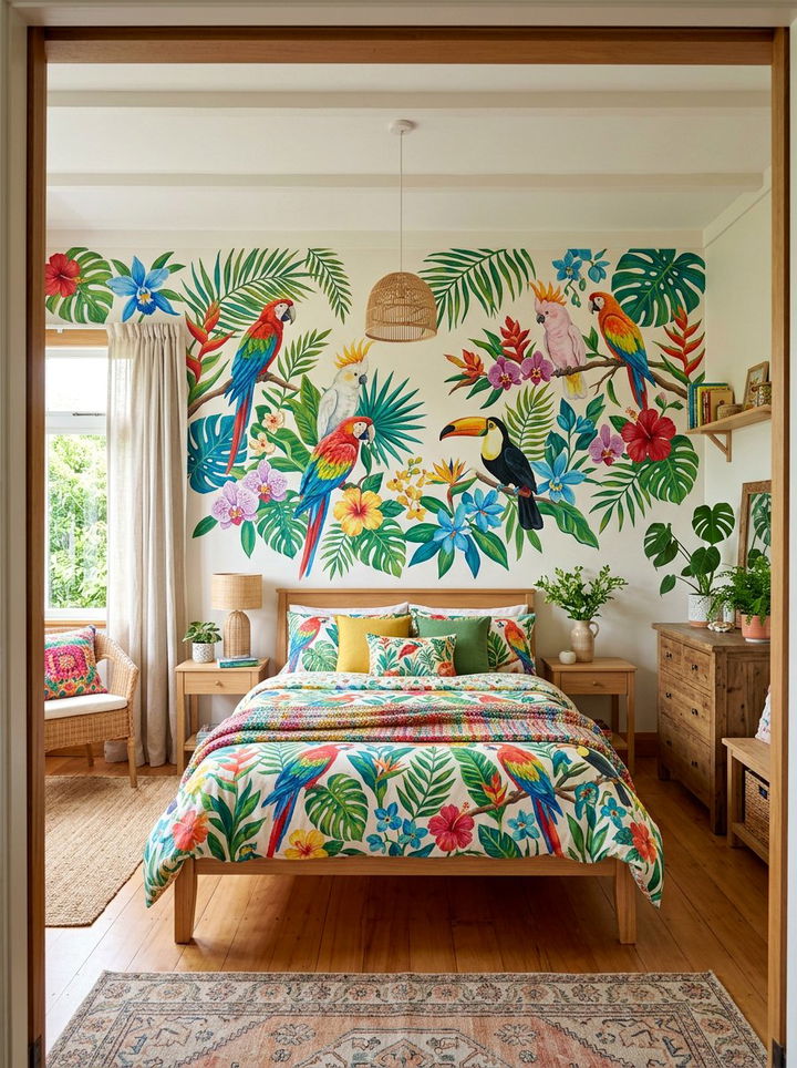Tropical Bird and Floral Mural - 30 bedroom tropical wallpapers
