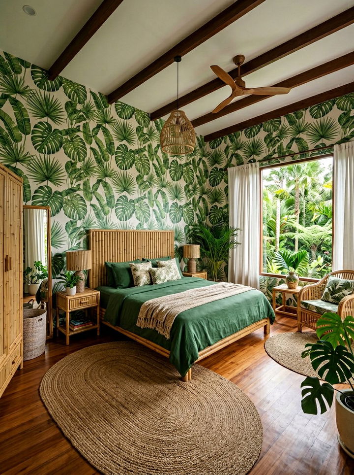 Tropical Green Pattern Bedroom - 30 green bedroom ideas