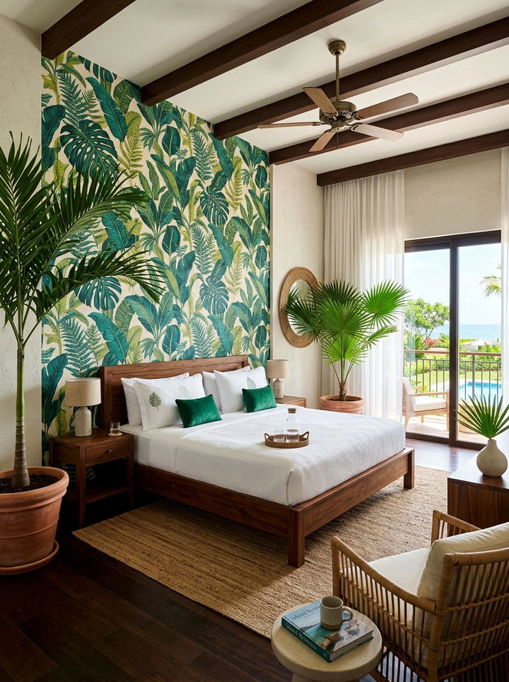 Tropical Leaf Print - 30 surfing bedroom ideas