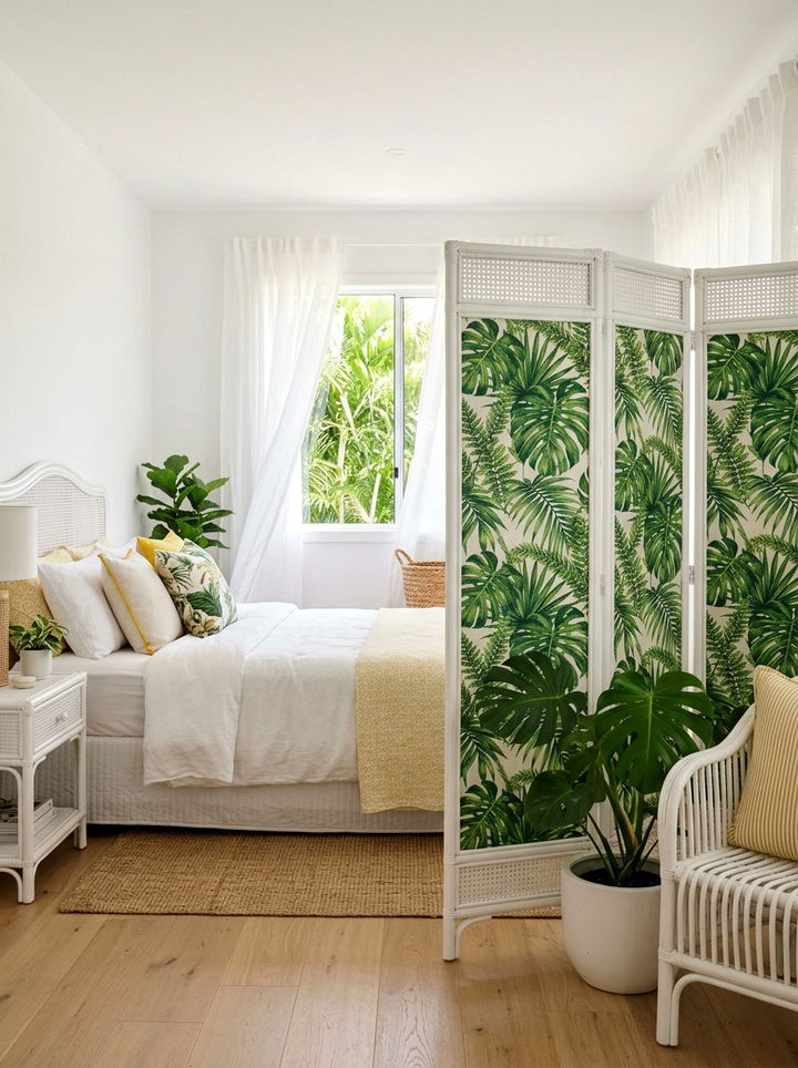 Tropical Leaf Print Bedroom Divider - 30 bedroom screen ideas