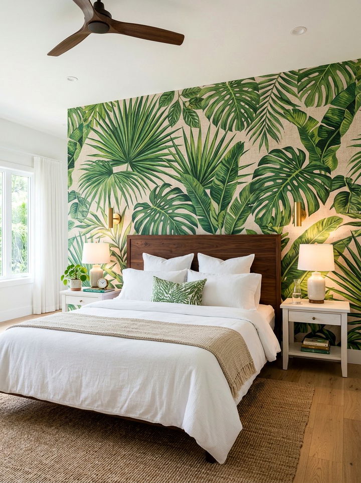 Tropical Leaf Print Wallpaper - 30 British colonial bedroom ideas