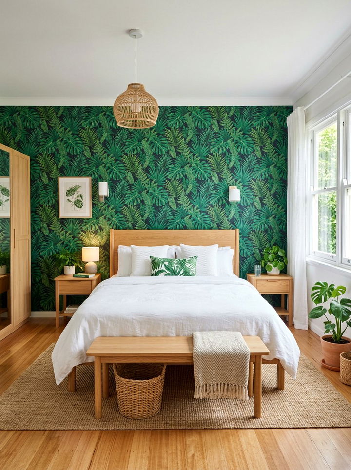 Tropical green wallpaper - 30 emerald green bedroom ideas