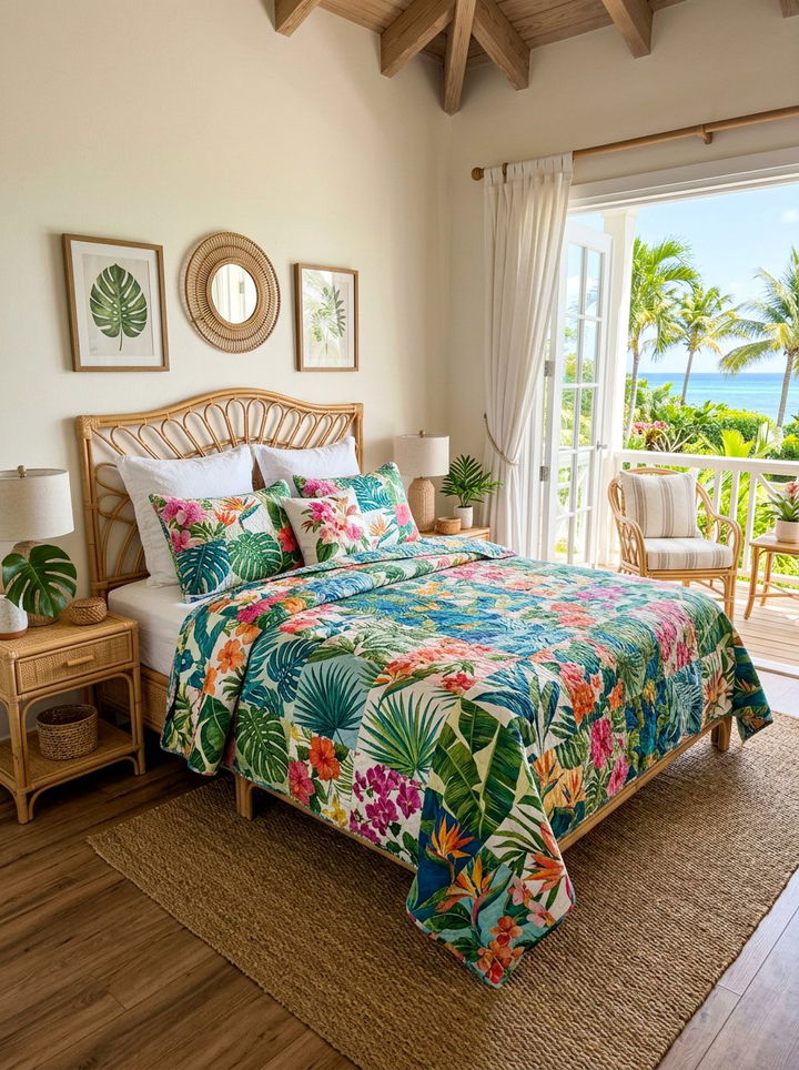Tropical patchwork prints - 30 patchwork bedroom ideas