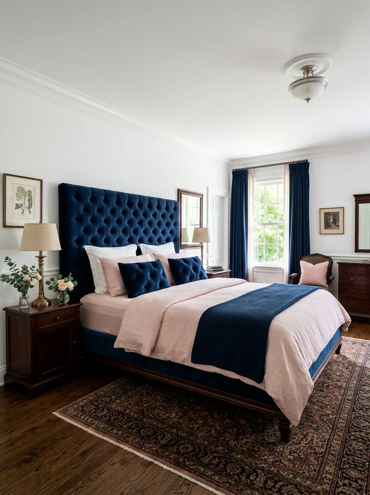Tufted Navy Blue Bed - 30 navy and blush bedroom ideas