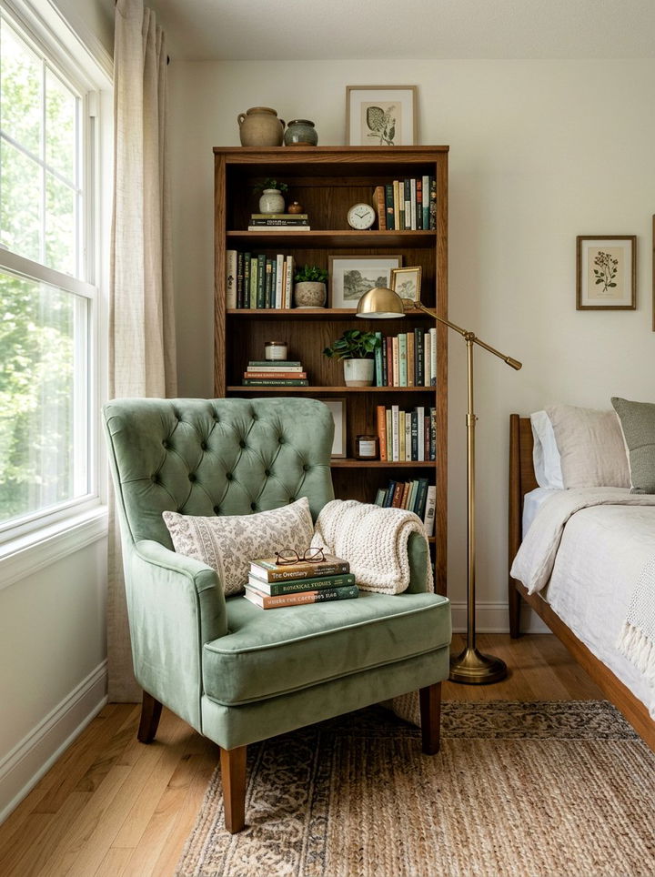 Tufted Velvet Chair - 30 light academia bedroom ideas