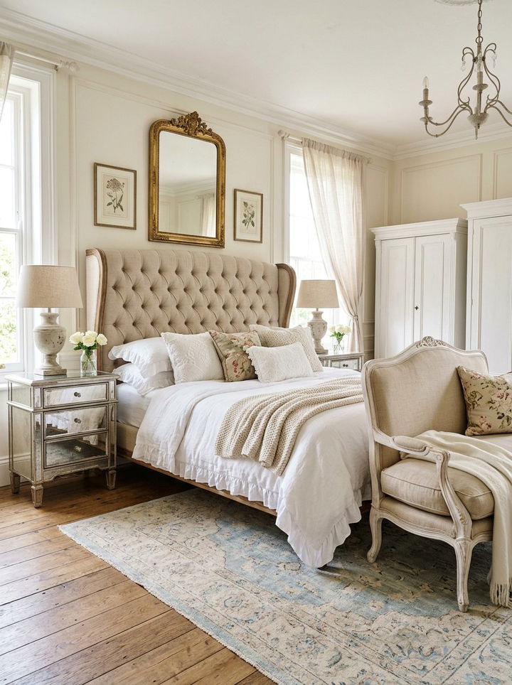 Tufted headboard shabby chic bedroom - 30 French shabby chic bedroom ideas