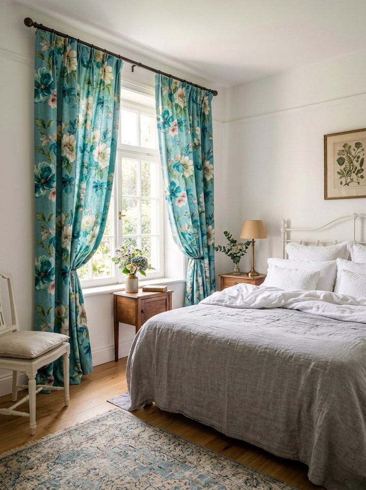 Turquoise Floral Curtains - 30 turquoise bedroom ideas