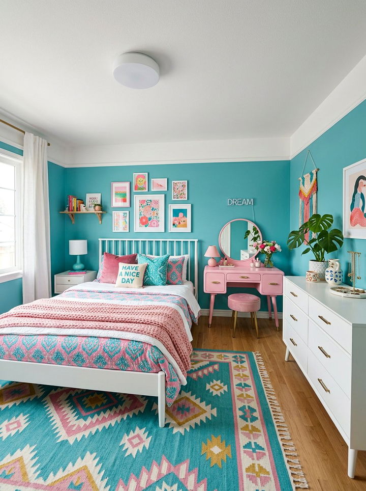 Turquoise and bubblegum pink bedroom - 30 pink and blue bedroom color combo