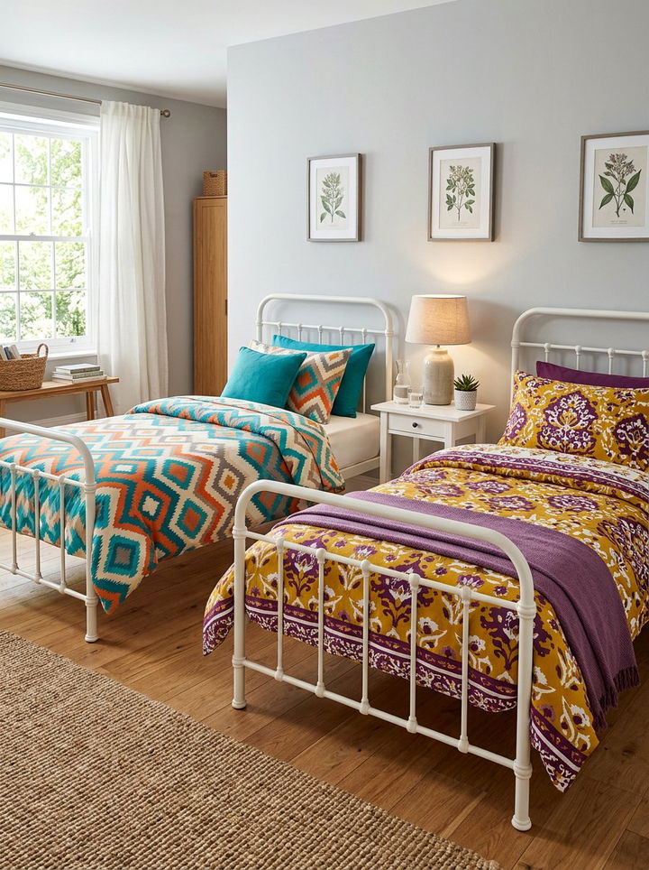 Twin Beds With Colorful Bedding - 30 boy and girl shared bedroom ideas