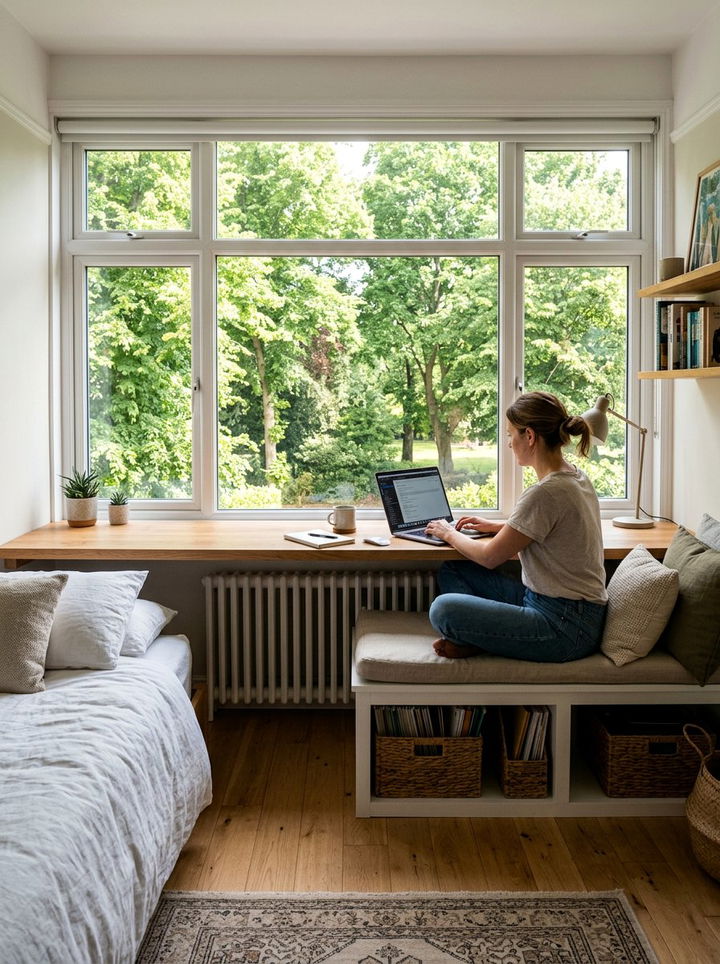 Under Window Bench Office - 30 bedroom home office ideas