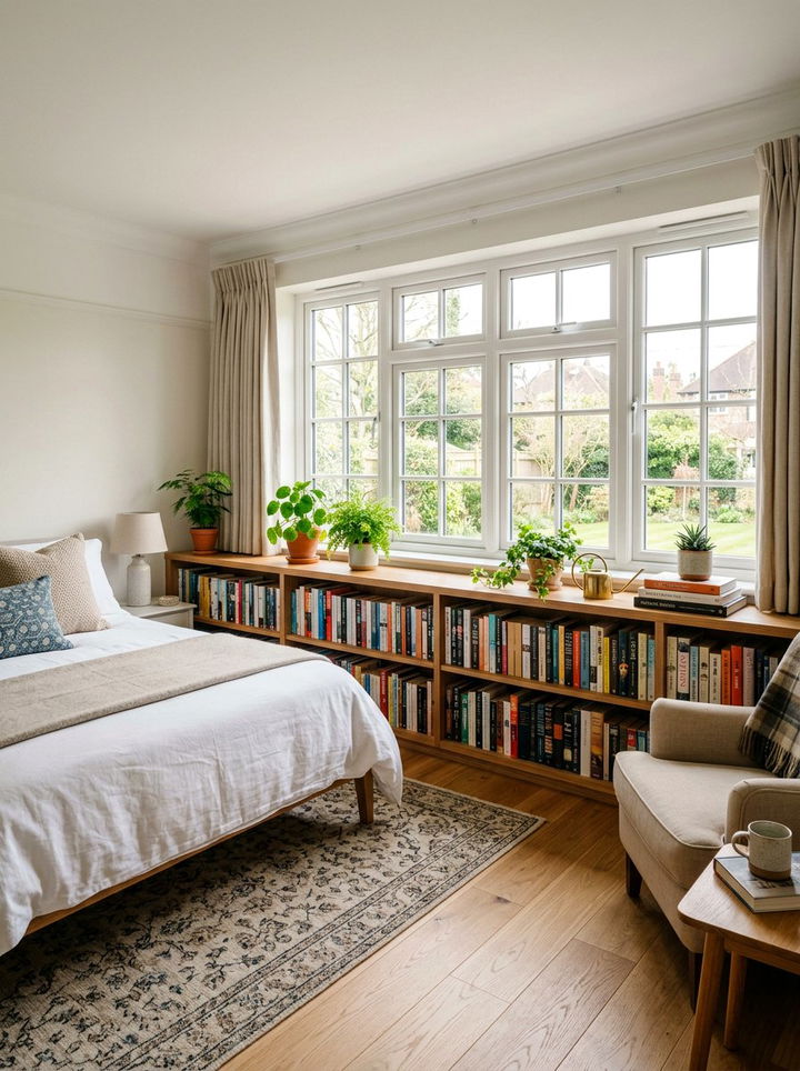 Under Window Bookshelf - 30 bedroom storage ideas
