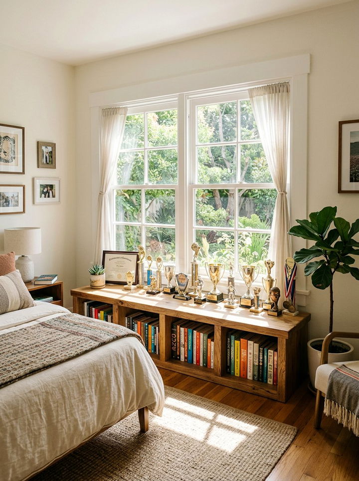 Under Window Trophy Bench - 30 bedroom award display ideas