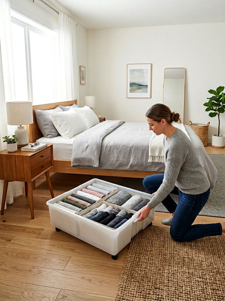 Under bed rolling bin - 30 temporary bedroom ideas