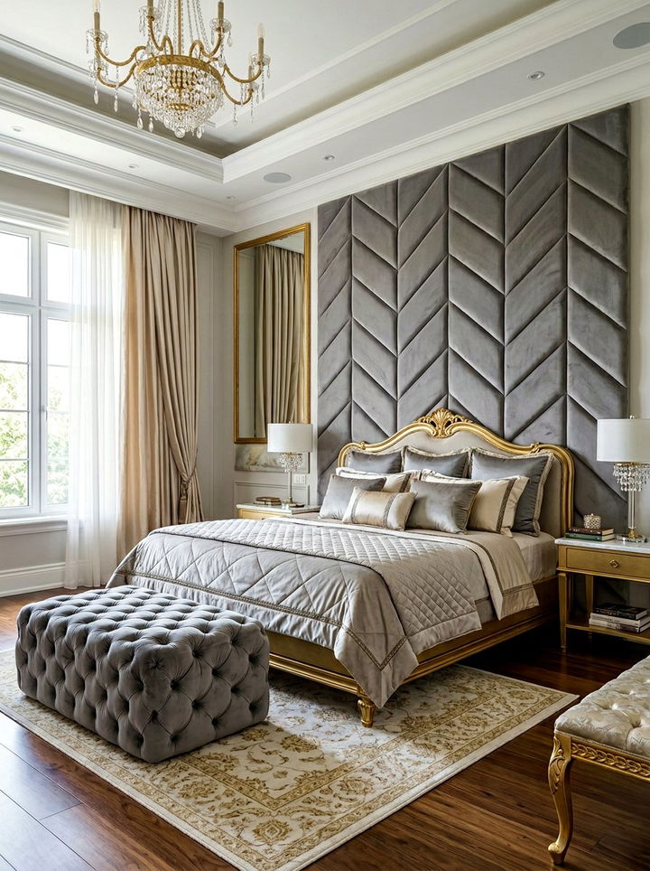 Upholstered Herringbone Wall - 30 bedroom herringbone wall ideas