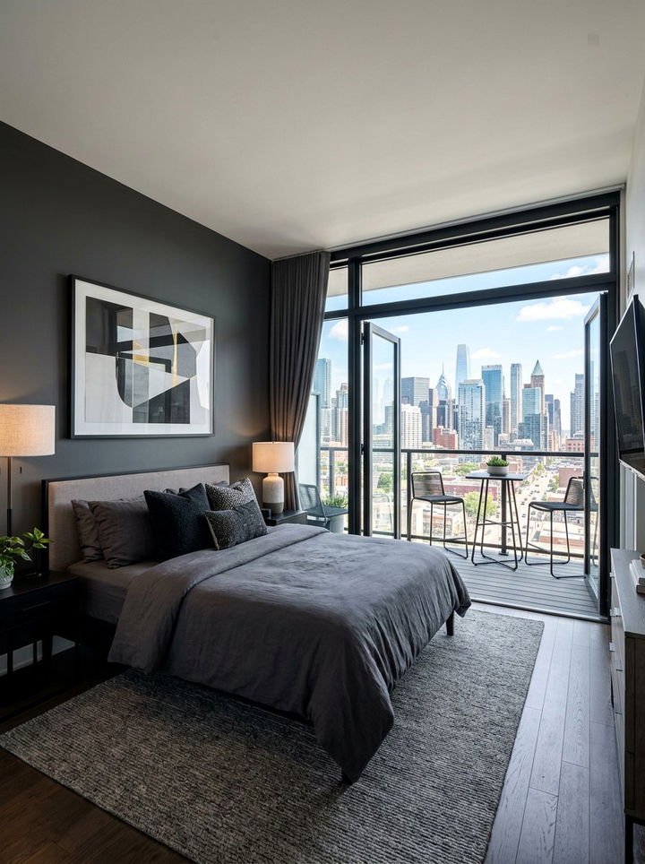 Urban Bedroom With Steel Frame Balcony - 30 bedroom with terrace ideas