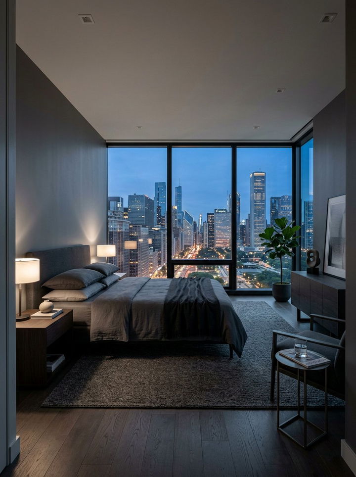 Urban bedroom with city view - 30 L-shaped bedroom ideas
