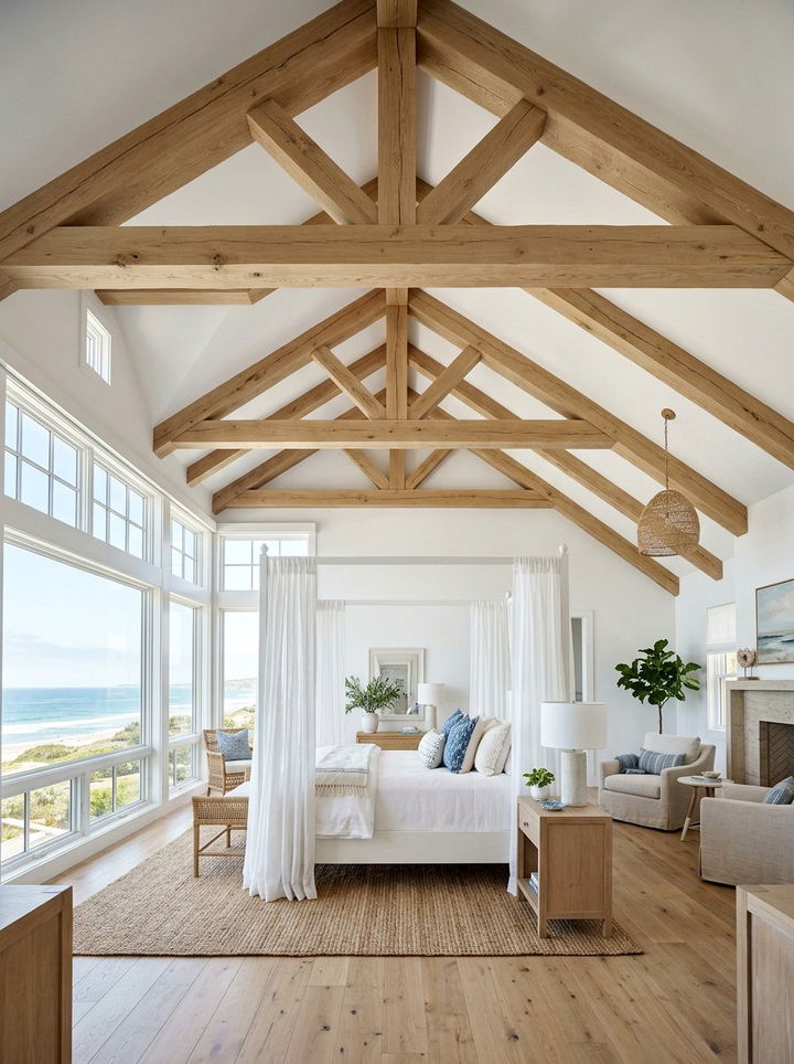 Vaulted ceilings with beams - 30 coastal white bedroom ideas