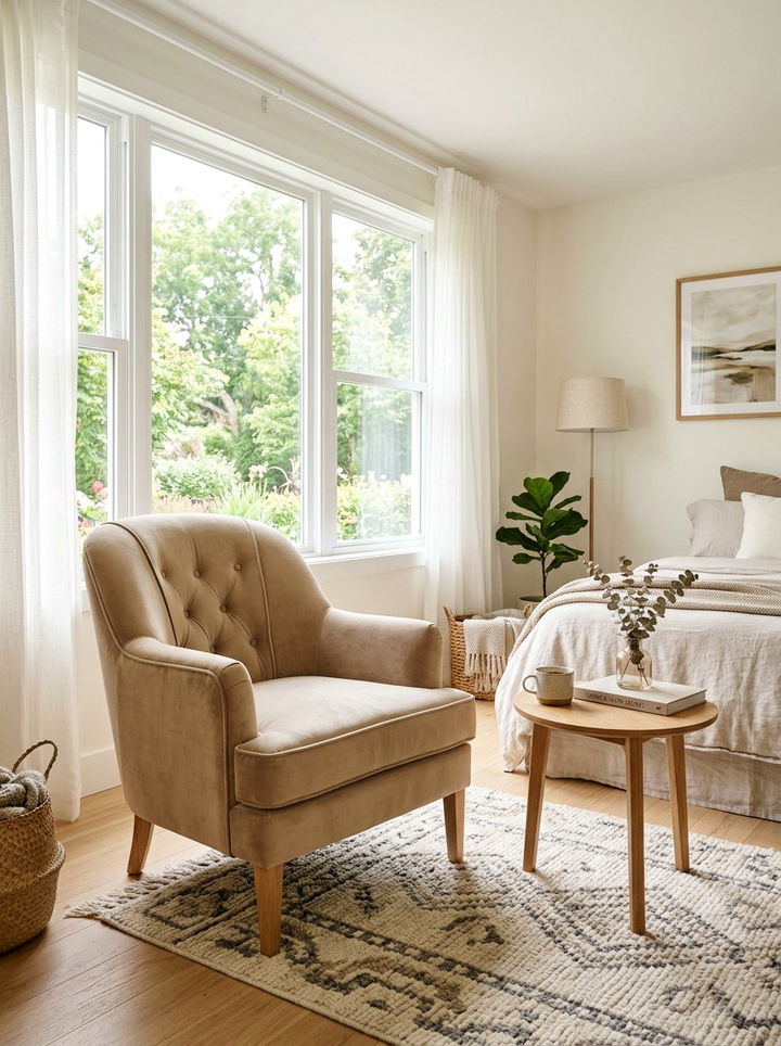 Velvet Accent Chair - 30 bohemian beige bedroom ideas