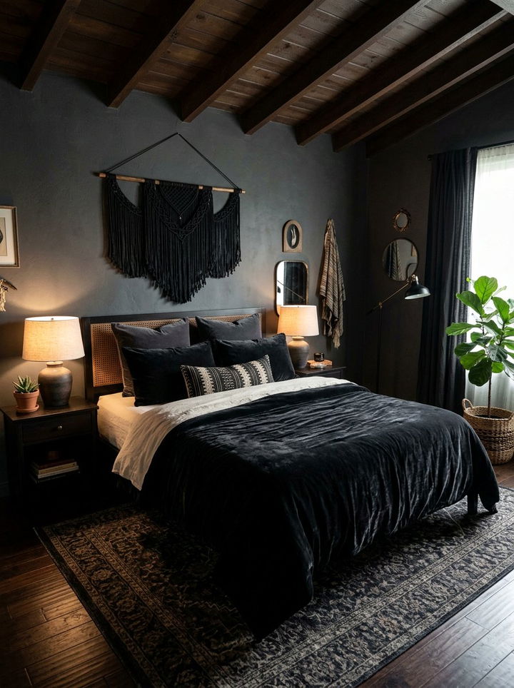 Velvet Bedding Black Boho Bedroom - 30 bohemian black bedroom ideas