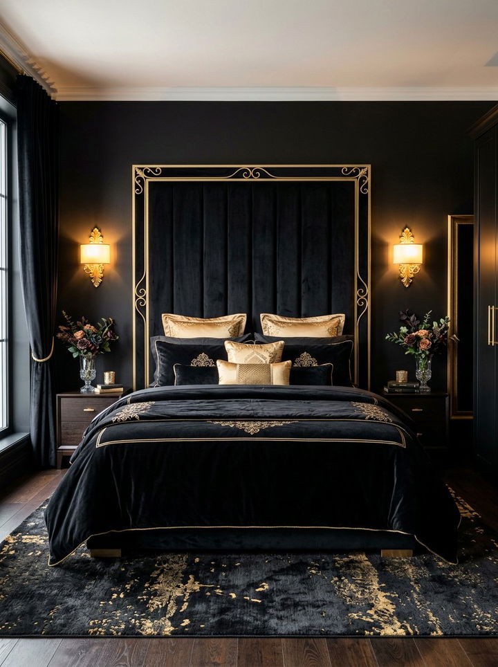 Velvet Black Headboard Gold Details - 30 black and gold bedroom ideas