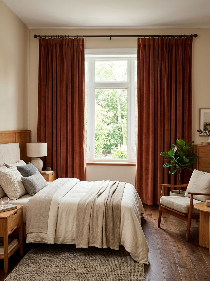 Velvet Cinnamon Curtains - 30 warm toned bedroom ideas