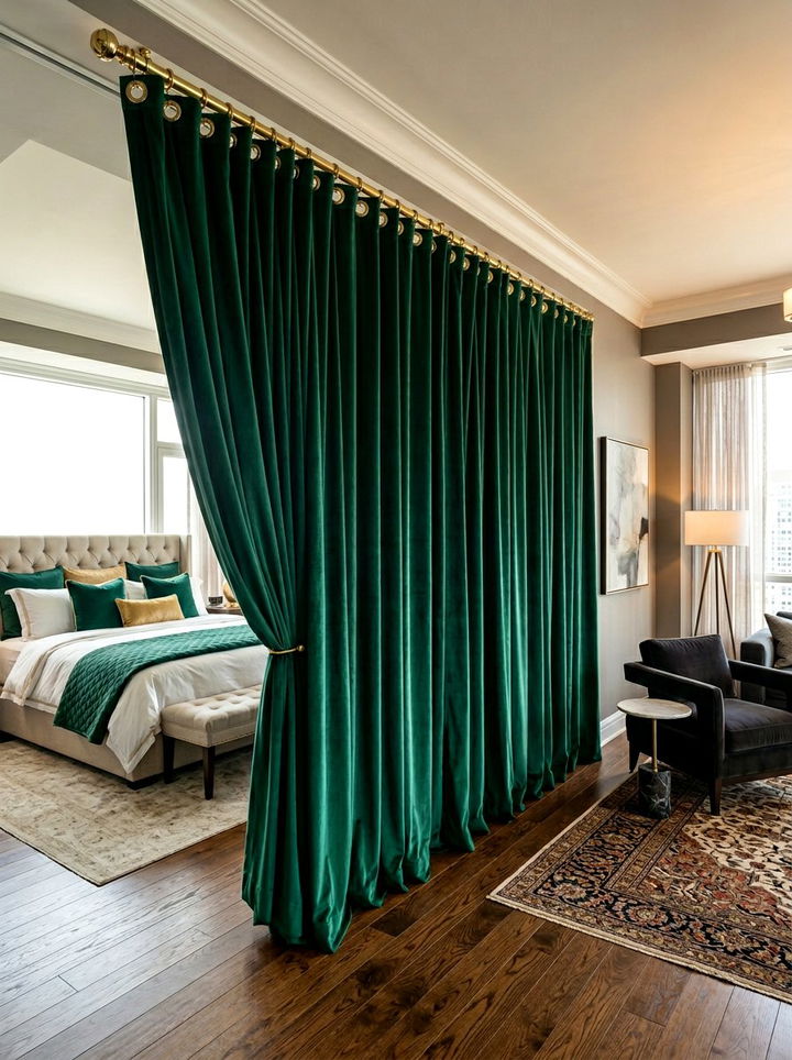 Velvet Curtain Divider - 30 bedroom partition ideas