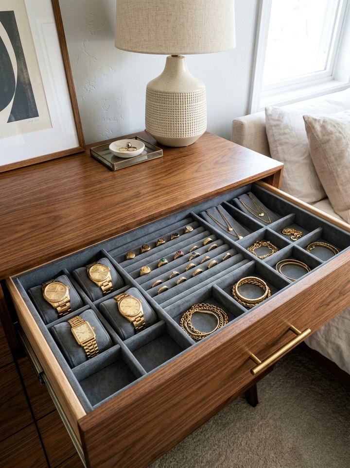 Velvet Drawer Insert - 30 bedroom jewelry storage ideas