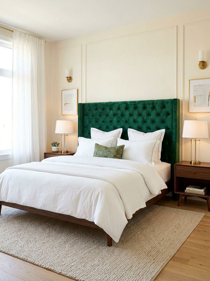 Velvet Green Headboard - 30 sage green and cream bedroom ideas