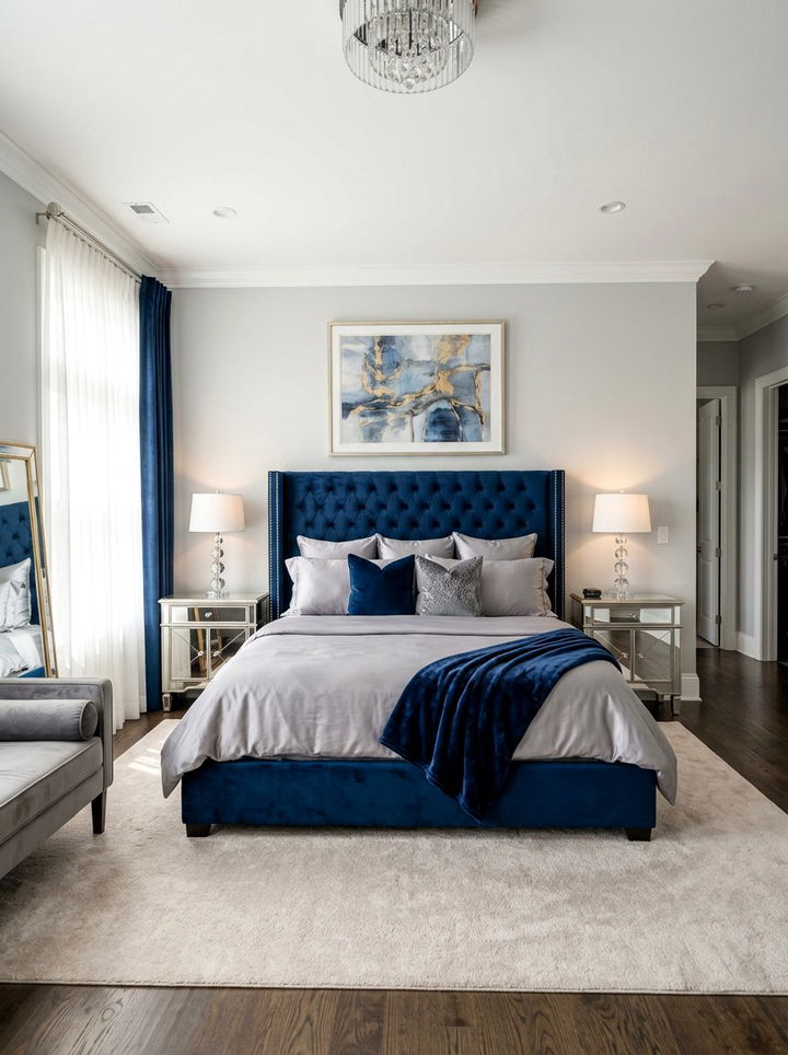 Velvet Midnight Blue Bed - 30 midnight blue bedroom ideas