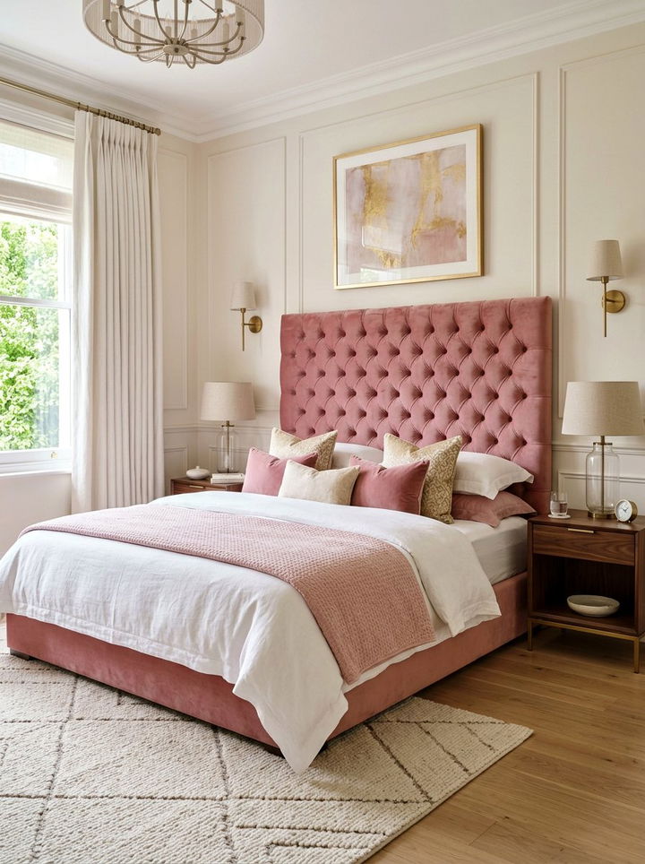 Velvet Pink Tufted Headboard - 30 millennial pink bedroom ideas