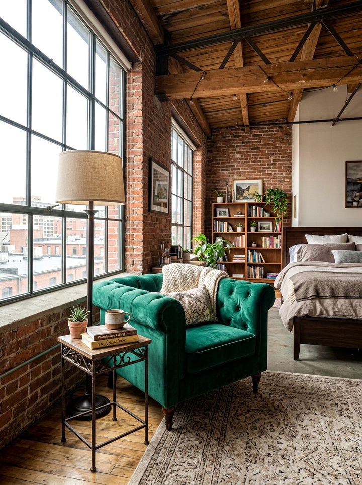 Velvet Seating Area - 30 warehouse bedroom ideas