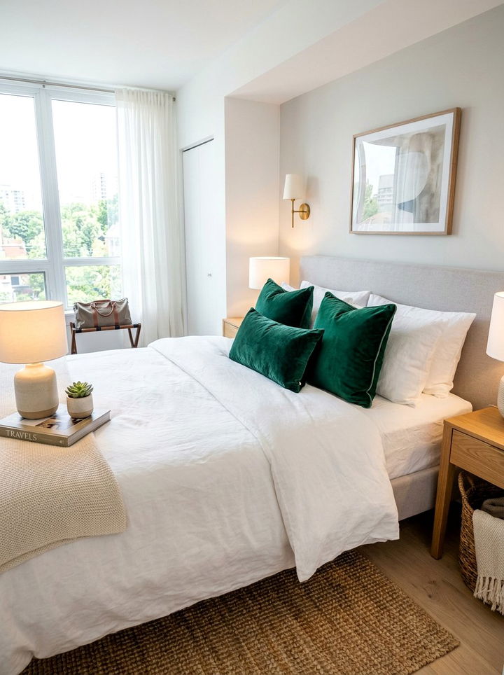 Velvet Throw Pillows - 30 rental apartment bedroom ideas