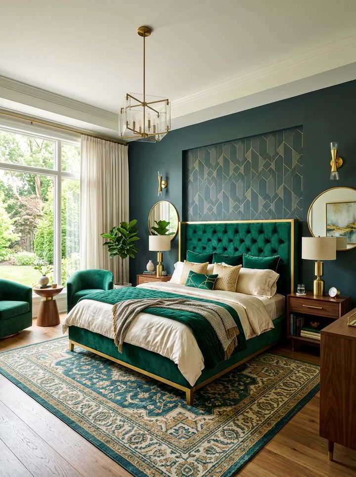 Velvet Upholstered Bed - 30 mid-century glam bedroom ideas