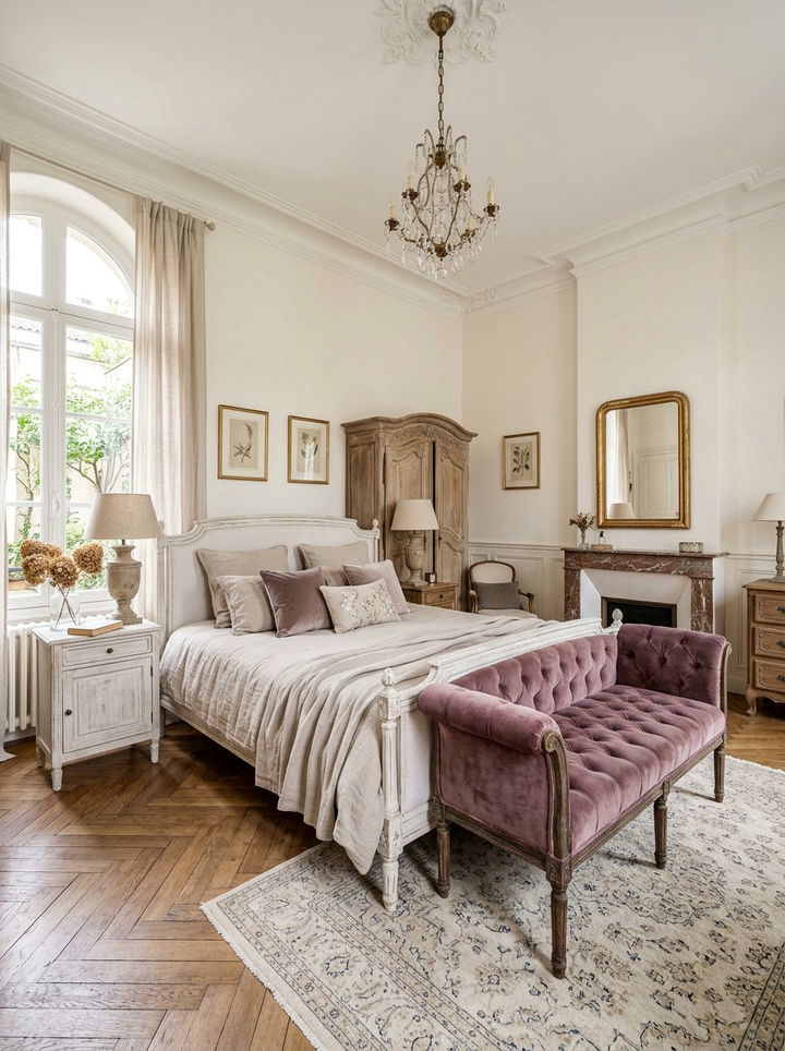 Velvet accent French bedroom - 30 French shabby chic bedroom ideas
