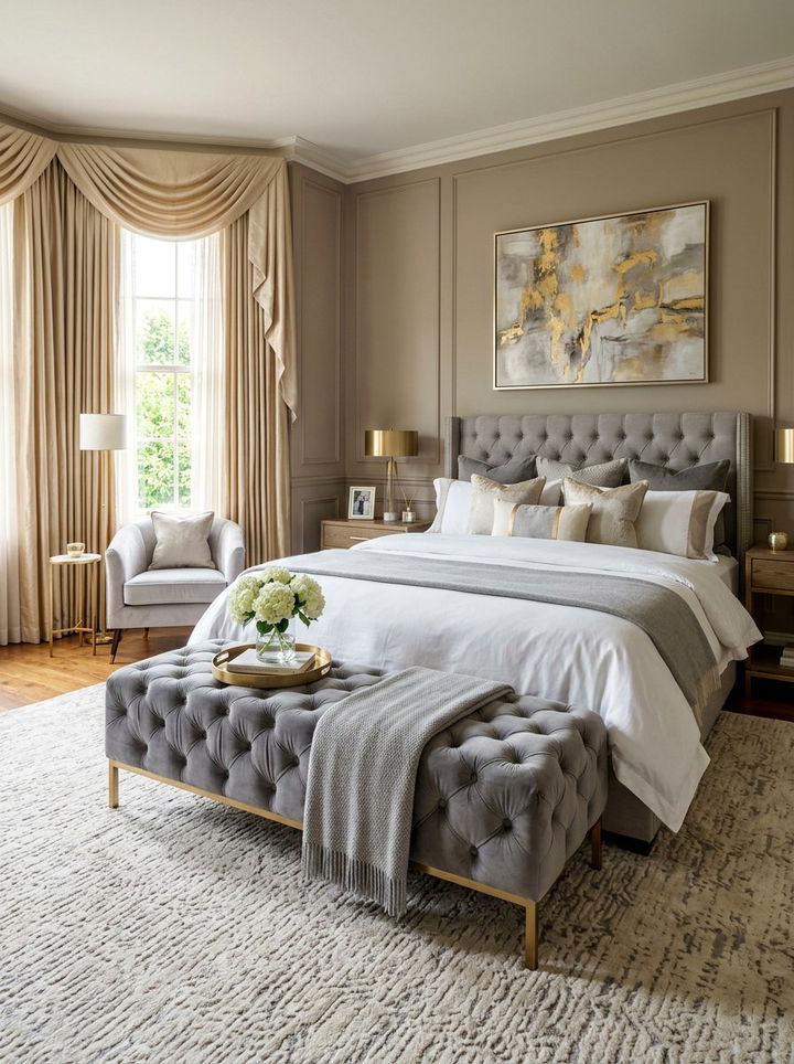 Velvet bench end of bed - 30 glam bedroom ideas