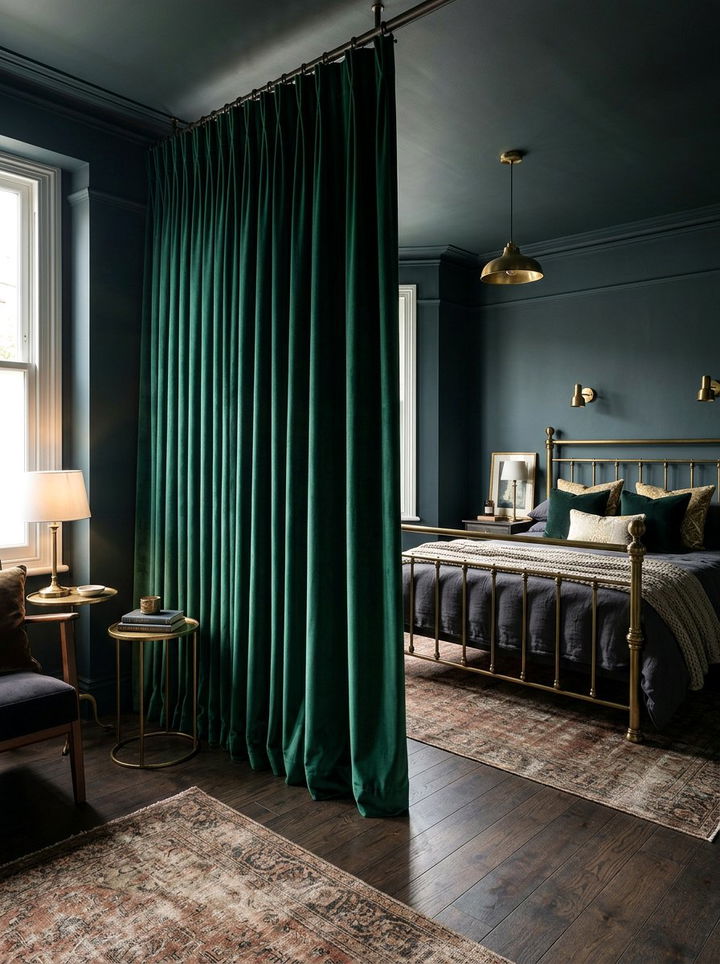 Velvet drapery divider - 30 bedroom divider ideas