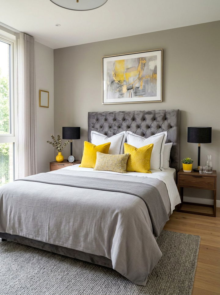 Velvet gray headboard yellow pillows - 30 gray yellow bedroom ideas
