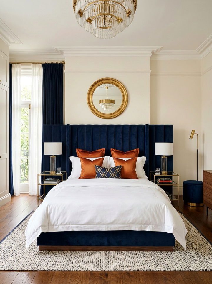 Velvet navy headboard with burnt orange pillows - 30 burnt orange and navy bedroom ideas