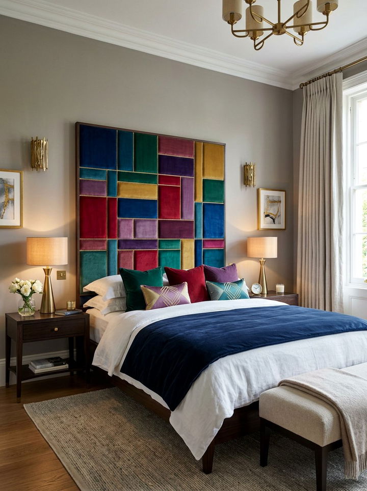 Velvet patchwork headboard - 30 patchwork bedroom ideas