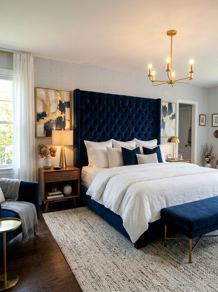 Velvet tufted headboard bedroom - 30 glam bedroom ideas