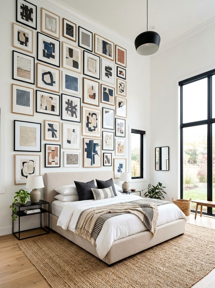 Vertical Gallery Wall Bedroom - 30 high ceiling bedroom ideas