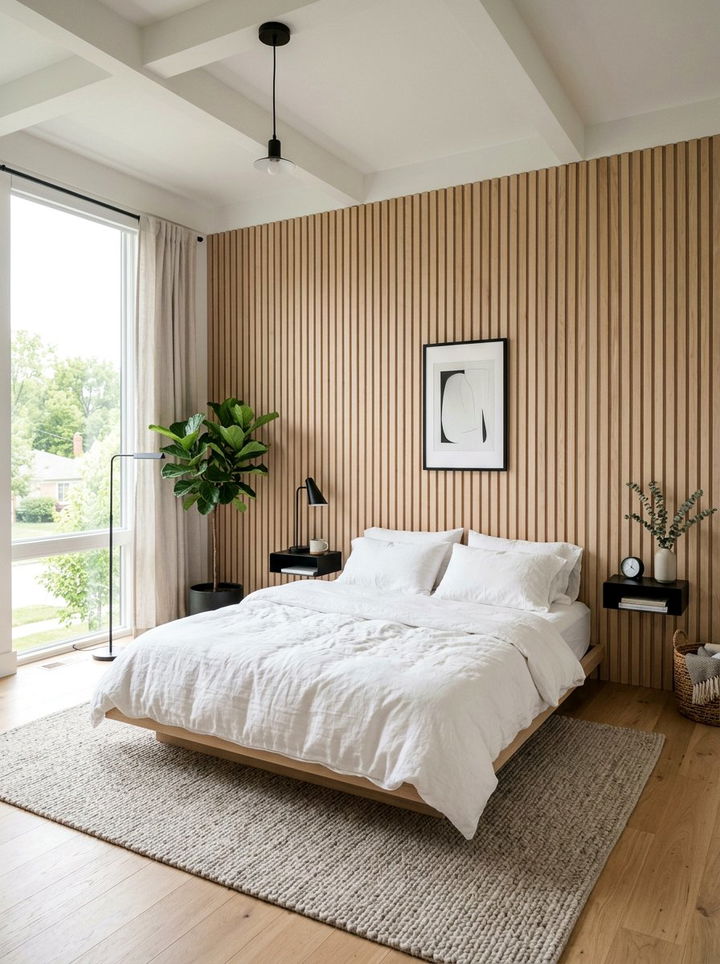 Vertical Wood Slat Wall - 30 bedroom geometric wall designs