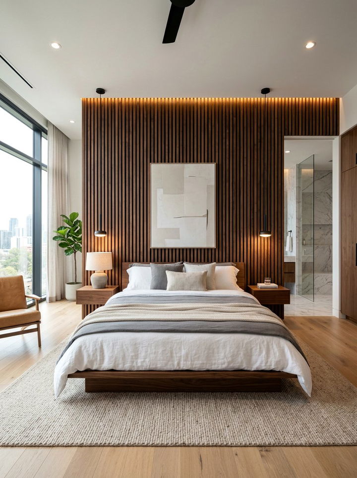 Vertical Wood Slat Wall - 30 bedroom conversation starter ideas