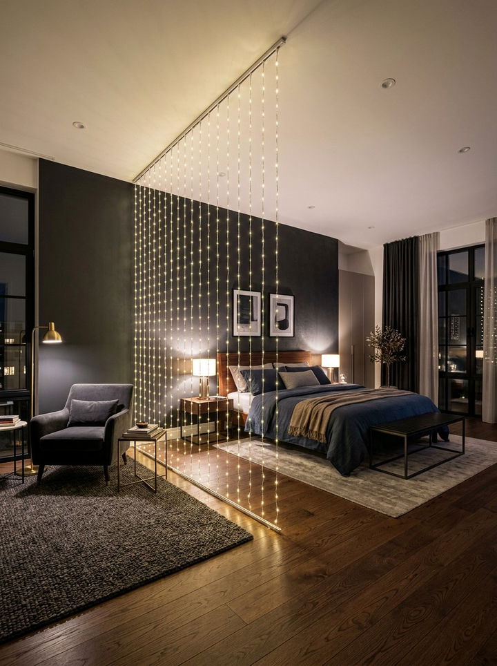 Vertical hanging fairy lights - 30 bedroom string lights ideas