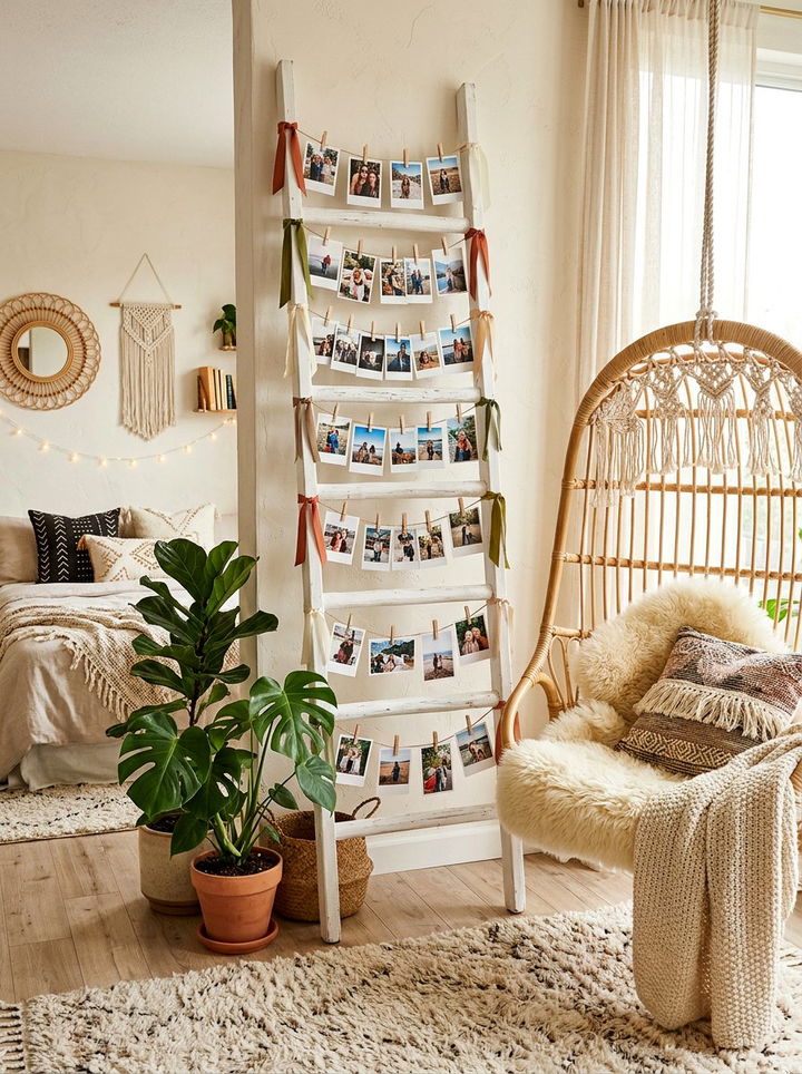 Vertical ladder photo display - 30 bedroom memory wall ideas