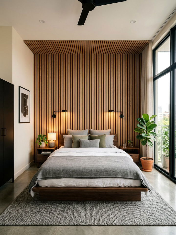 Vertical wood slat striped wall - 30 bedroom striped wall ideas