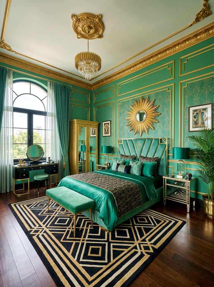 Vibrant Green Art Deco Bedroom - 30 cool green bedroom ideas